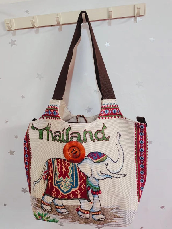 Women's Large Canvas Elephant Ethnic Style Square Zipper Shoulder Bag