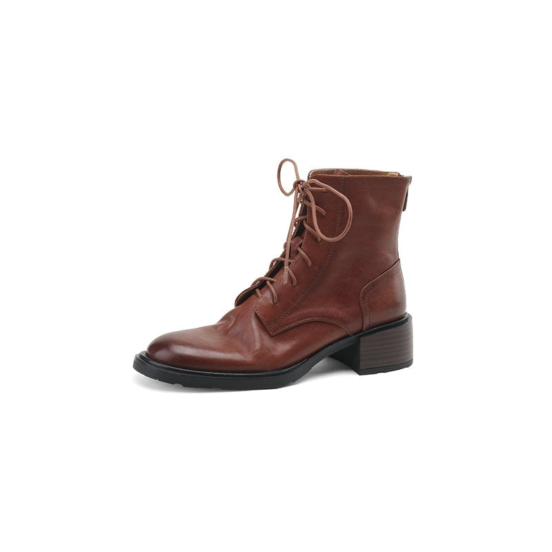 Women's Handmade Cowhide Lace-Up Zipper Martin Boots with Mid Heel Black/Brown