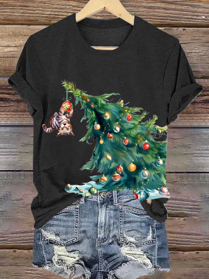 Women's Cat On Christmas Tree Christmas Print Round Neck Short Sleeve T-Shirt