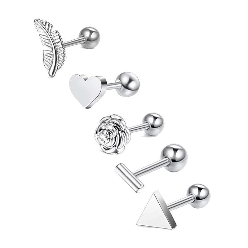 Minimalist Heart Shape Stainless Steel Plating Zircon Ear Studs 5 Piece Set