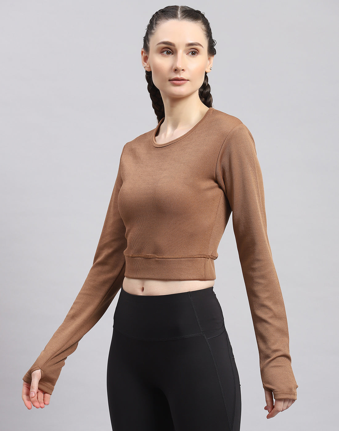 Women Brown Solid Round Neck Full Sleeve Sweatshirt