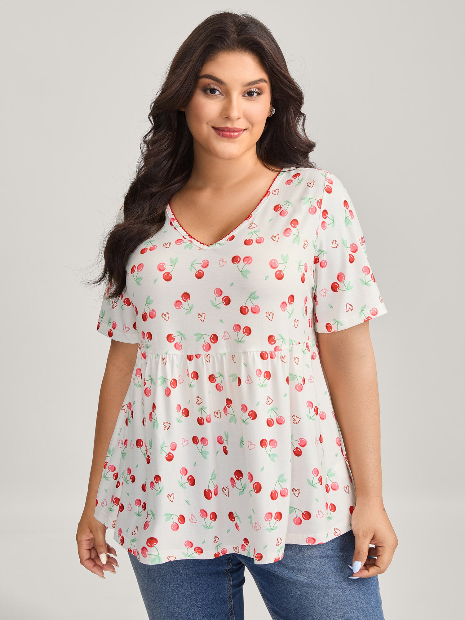 Cherry Print Embroidered V-Neck Top
