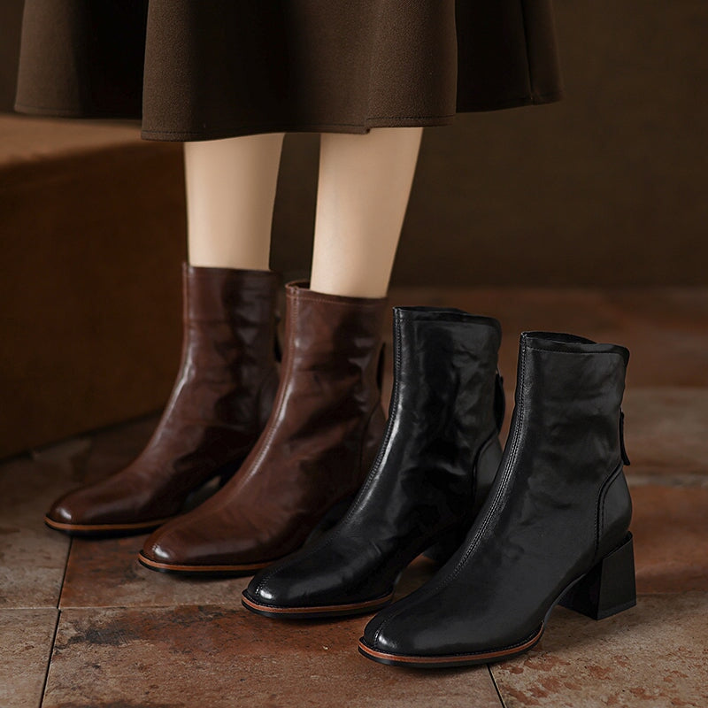 55mm Block Heel Square Toe Ankle Boots with Back Zip in Genuine Cowhide Black/Brown