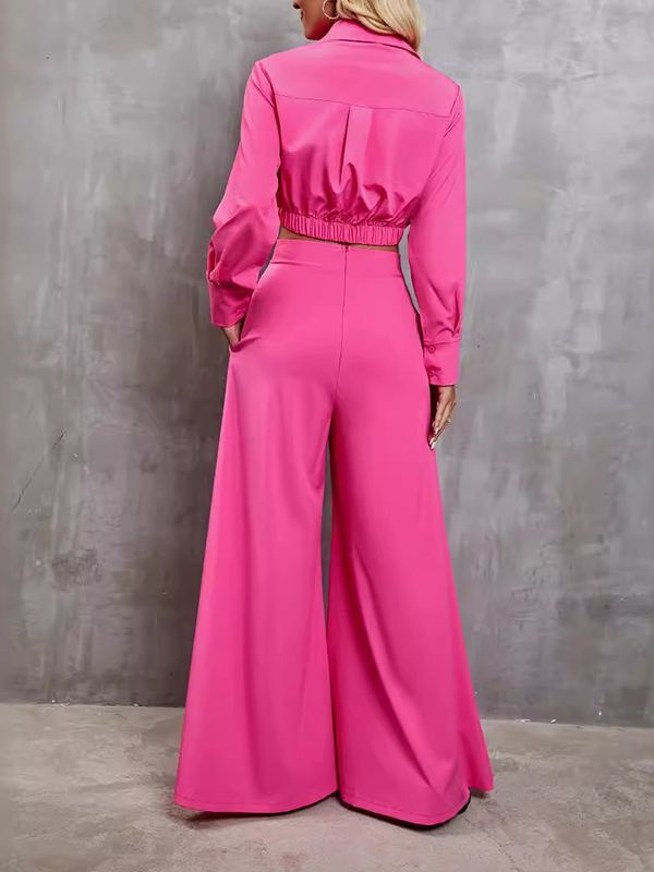 Loose Solid Color Split-Joint Lapel Blouse + Wide Leg Pants Trousers Two Pieces Set