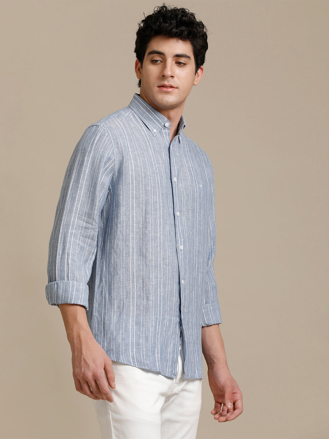 Mens Regular Fit Blue/White Stripe Casual Linen Shirt (LABUL)