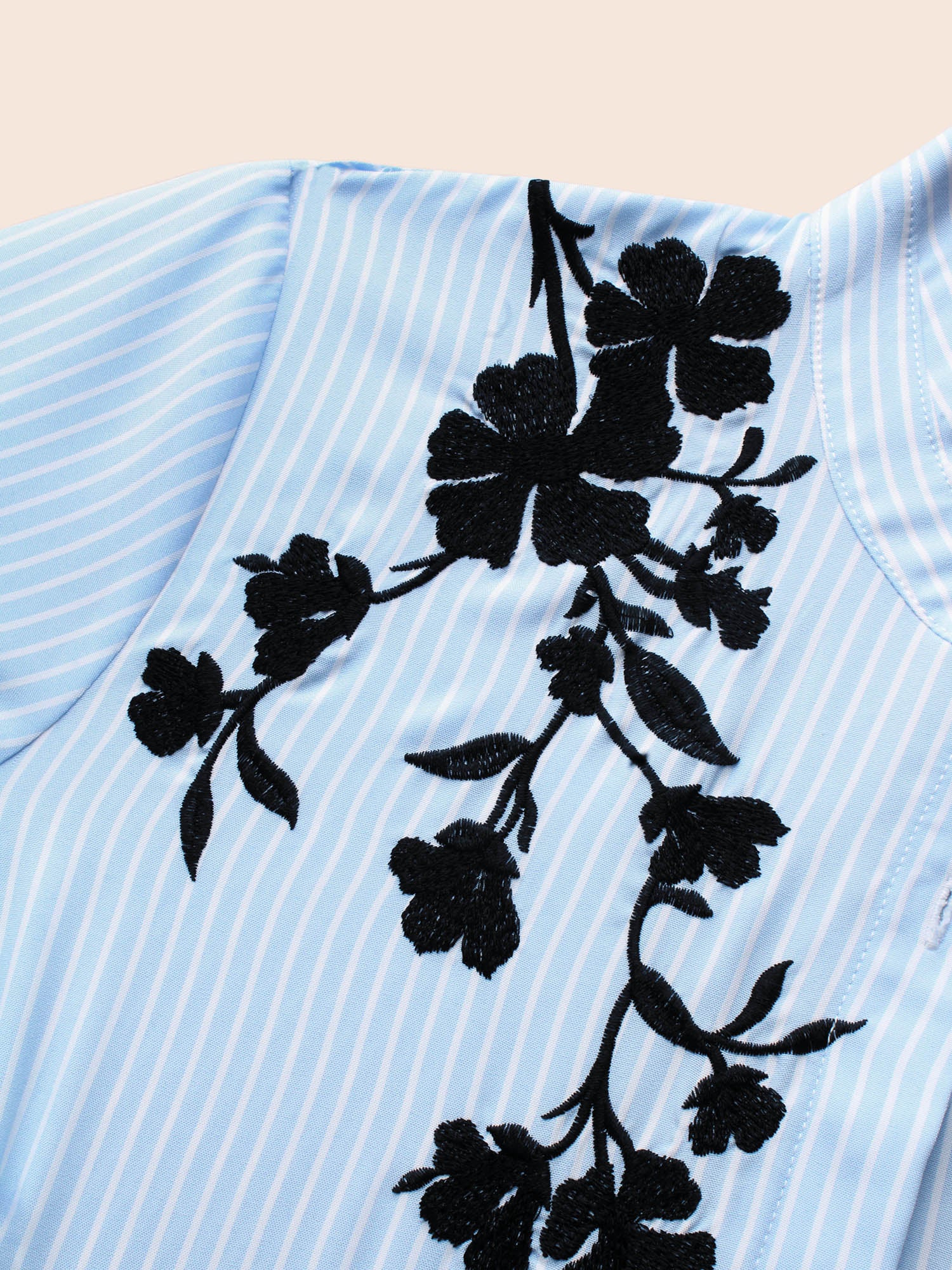 Floral Embroidered Striped Patched Pocket Blouse
