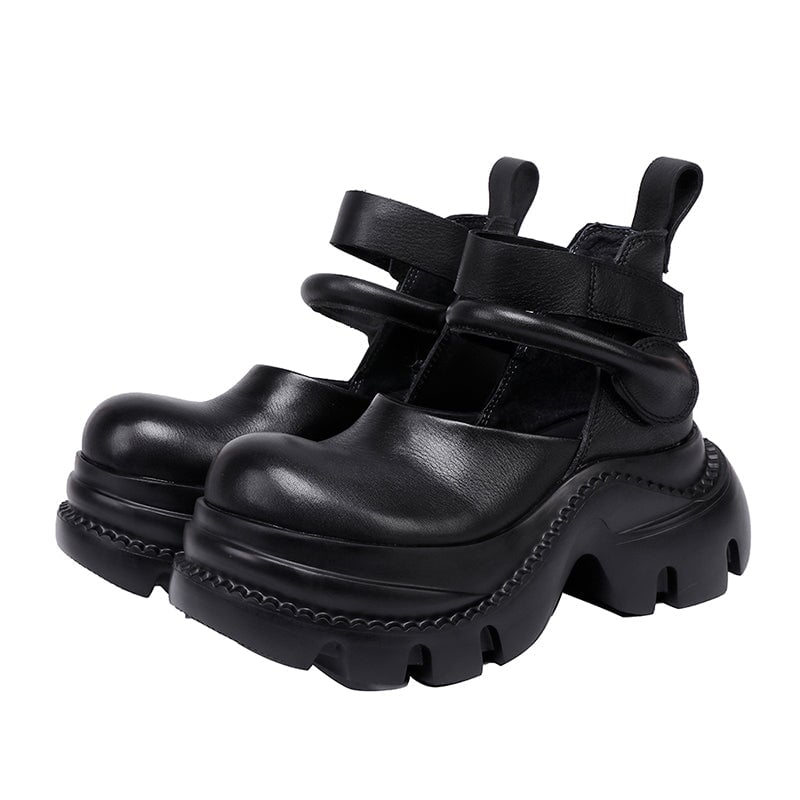 52mm Chunky Platform Cow Leather Sandals with Double Velcro Straps in Black/Brown