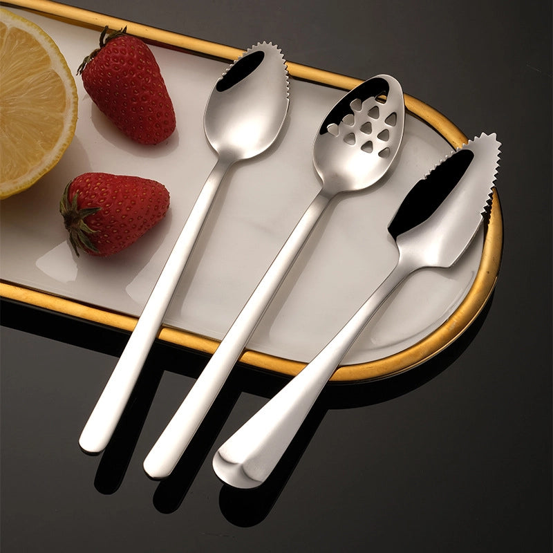 Infant 304 Stainless Steel Mud Scraping Spoon Baby Food Supplement With Serrated Fruit Dredging Spoon Creative With Hole Mud Pressing Spoon