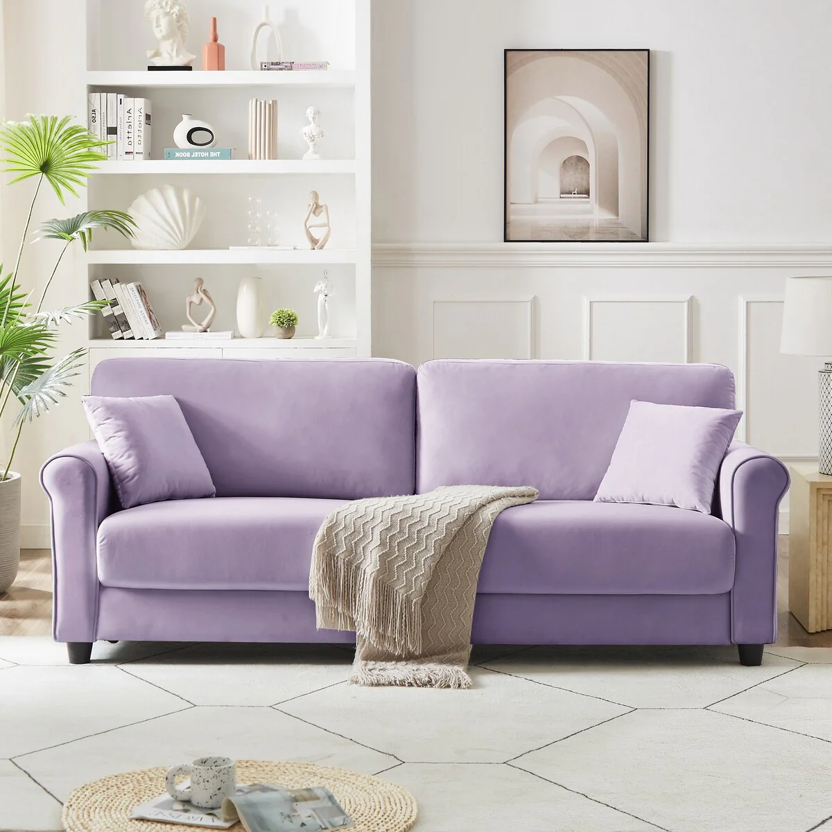 Classic Velvet Sofa Couch with Hardwood Frame, Upholstered Couch, Rounded Arms