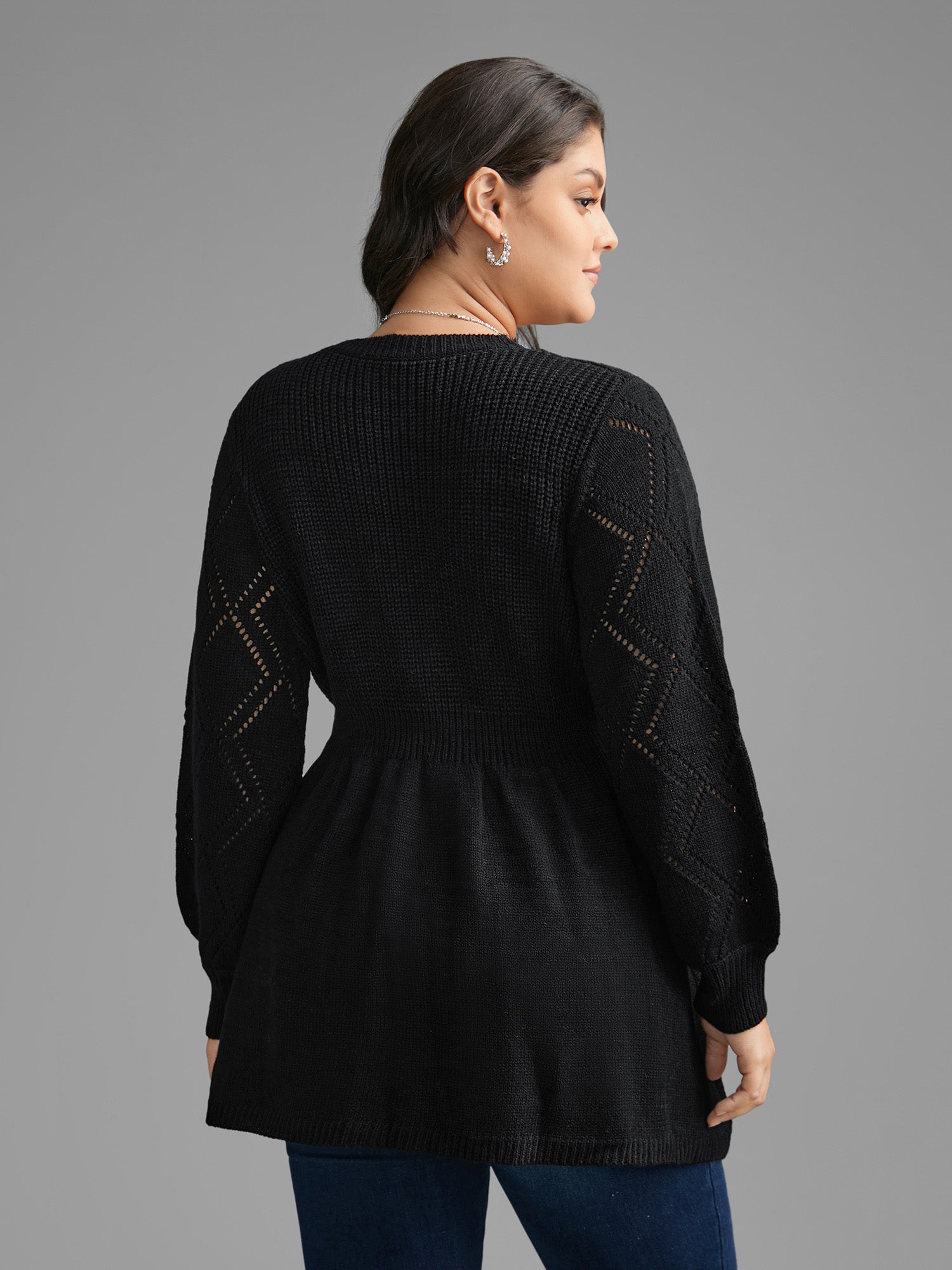 V Neck Lace Panel Lantern Sleeve Pullover