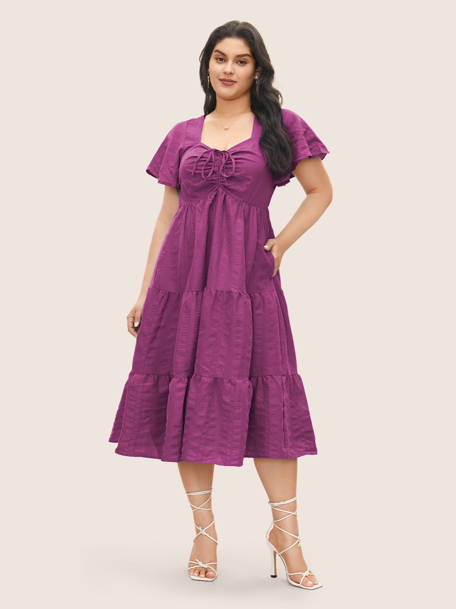 Plain Ruched Drawstring Pocket Ruffle Tiered Dress