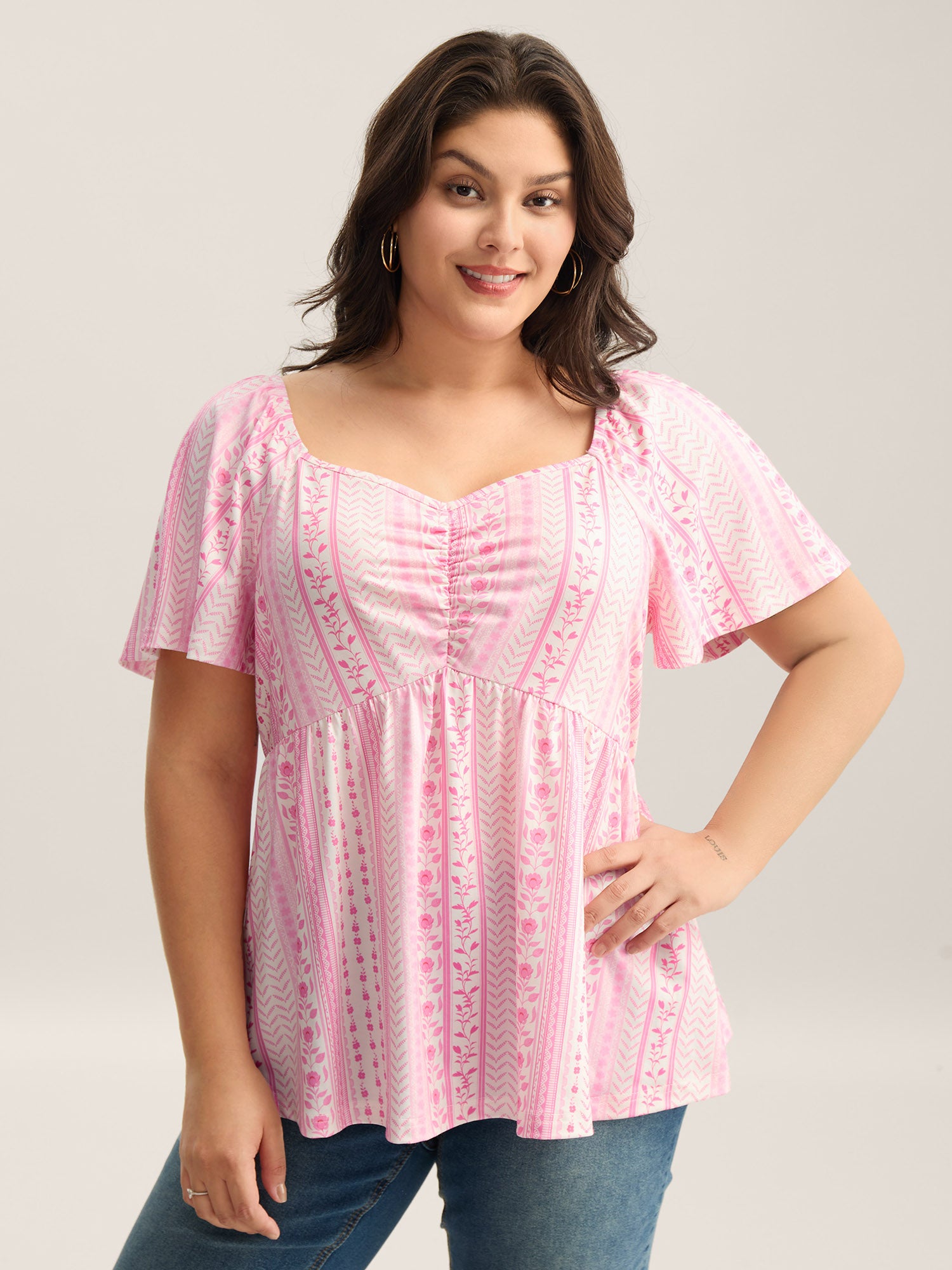 Floral Stripes Pleated Sweetheart Neck Top