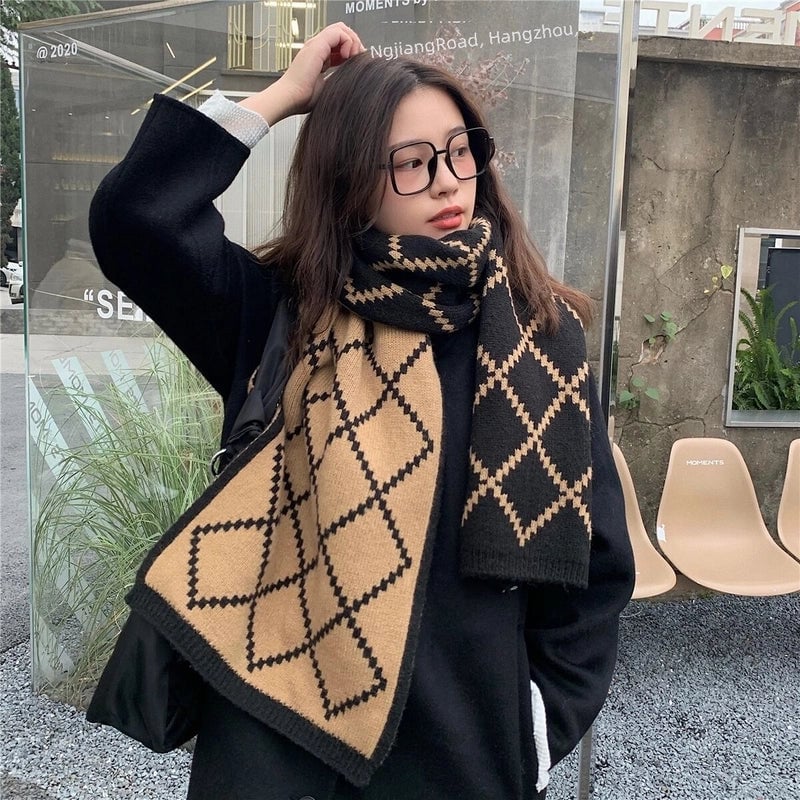 Plaid Scarf Women's  Fashionable Cute Soft Autumn And Winter  Thickened Warm Knitted Wool Scarf