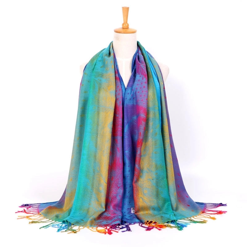 Ethnic Style Women's Vintage Jacquard Scarf Jacquard Cotton Feather Travel Spring And Autumn Long Shawl Warm Air Conditioning D01
