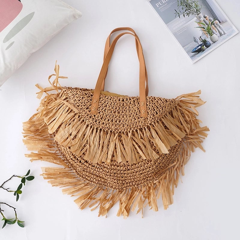 Women's Large Straw Solid Color Vacation Beach Weave Semicircle Zipper Straw Bag