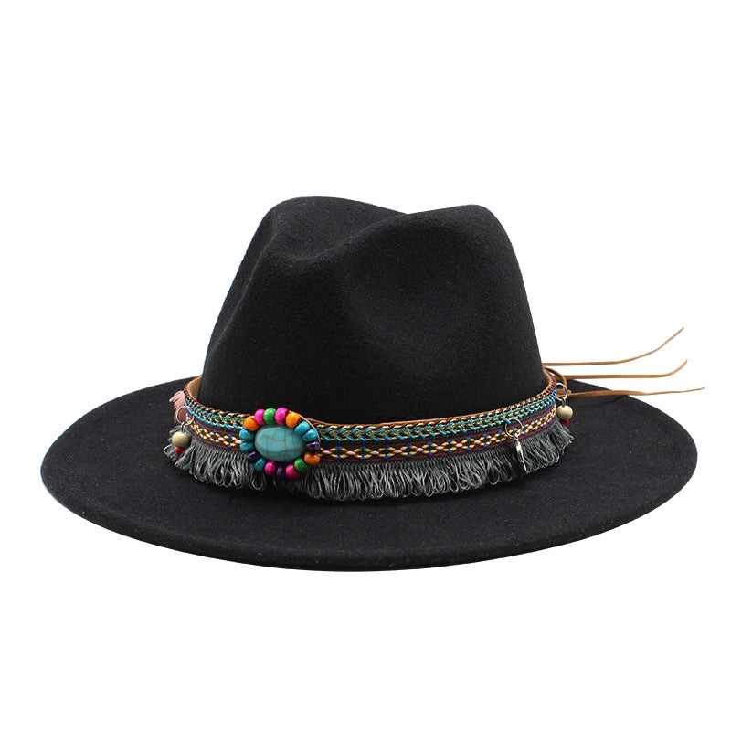 Designed Hot Sale Woolen Hat Women's Ethnic Style Retro Flat Brim Big Brim Jazz Hat