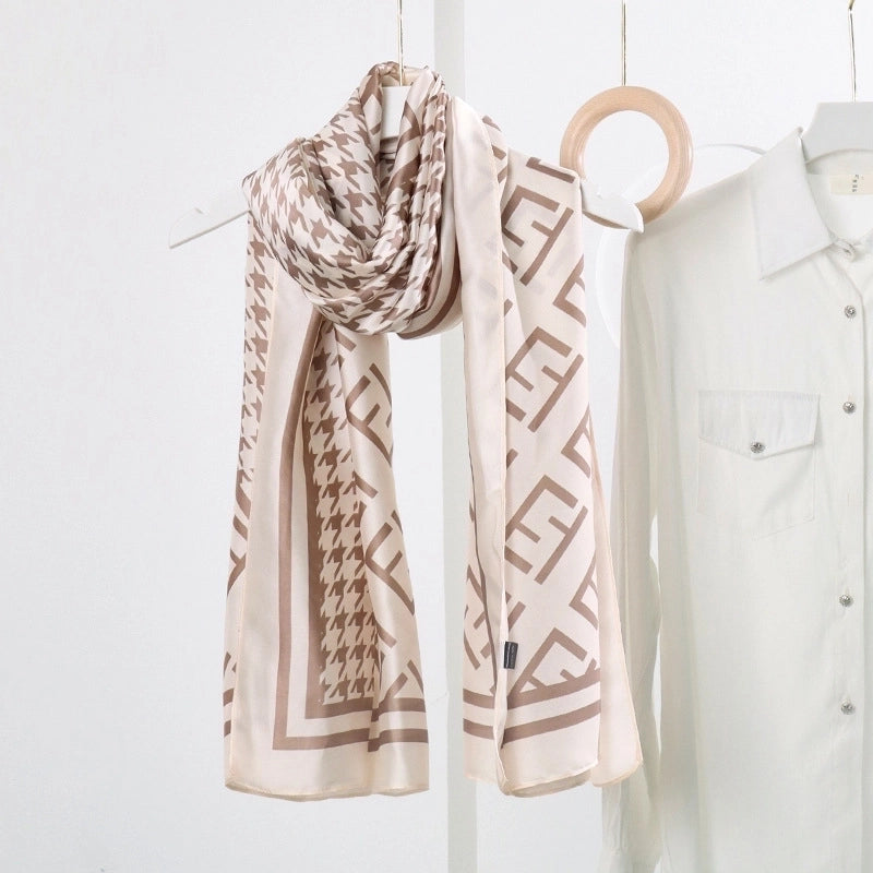 Women's Fashion Letter Plaid Satin Printing Silk Scarves