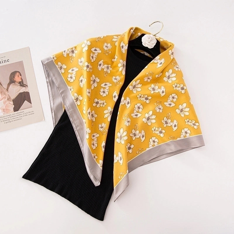 Women's Basic Minimalist Color Block Flower Satin Silk Scarf