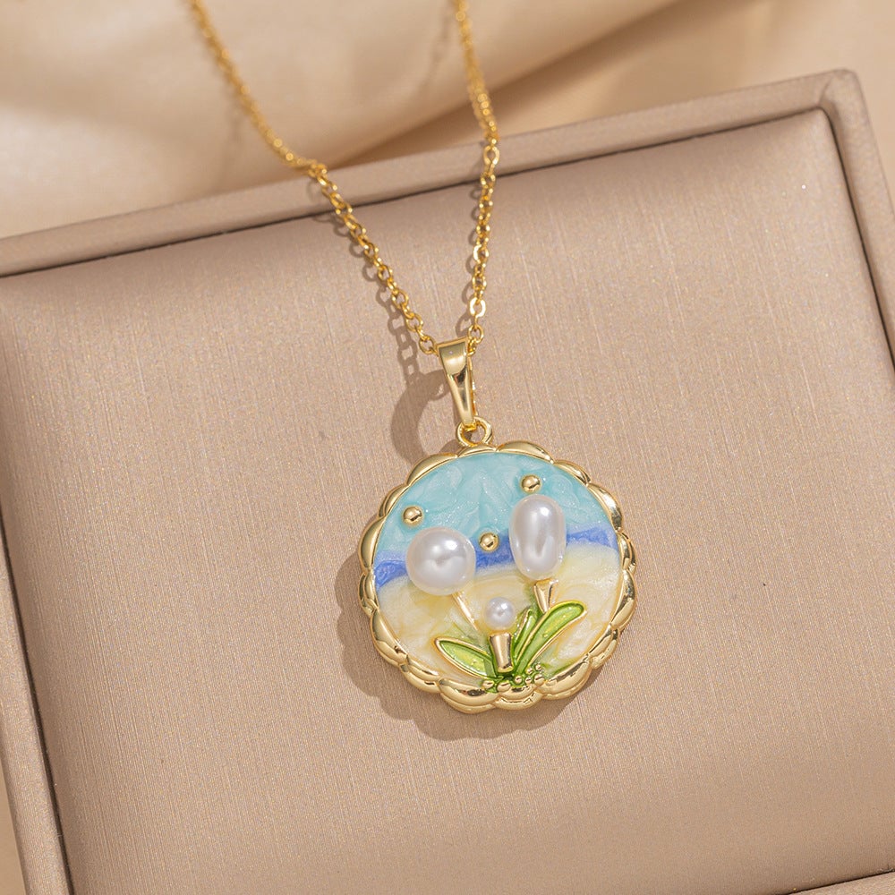 Retro Oil Drop Baroque Freshwater Pearl Enamel High-Grade Painted Flower Pendant Necklace