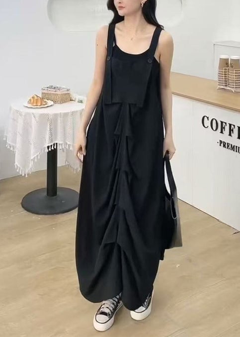 Women Black Wrinkled Cotton Cami Dresses Summer