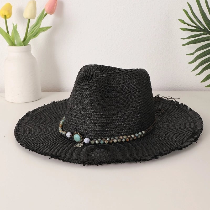 Women's Casual Vacation Beach Solid Color Beaded Big Eaves Straw Hat