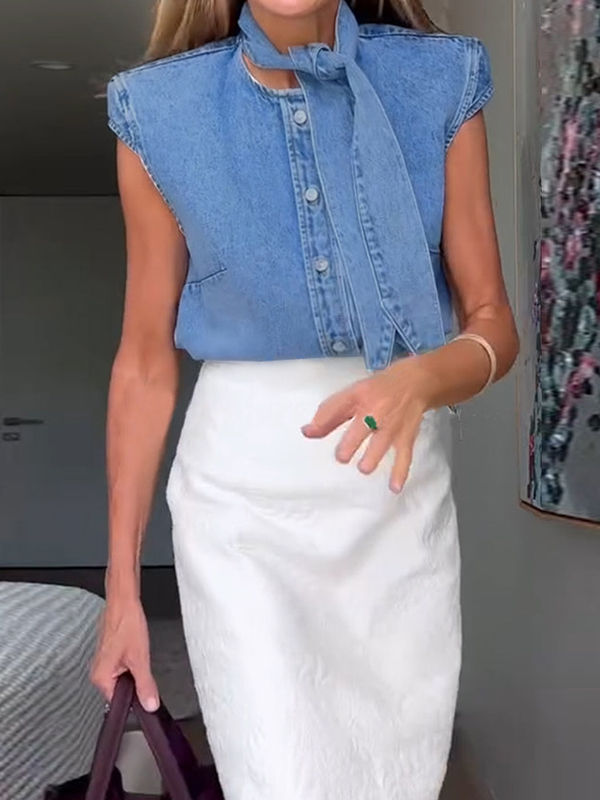 Loose Short Sleeves Split-Joint Round-Neck Blouses&Shirts Tops