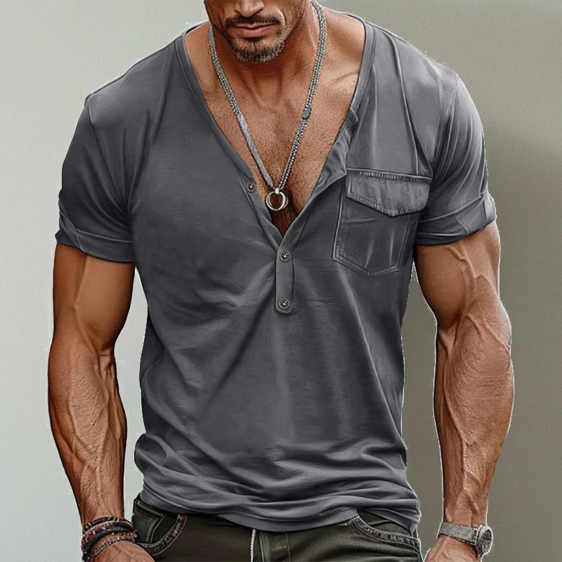 Casual V-Neck Solid Color Single Pocket Short-Sleeved T-Shirt