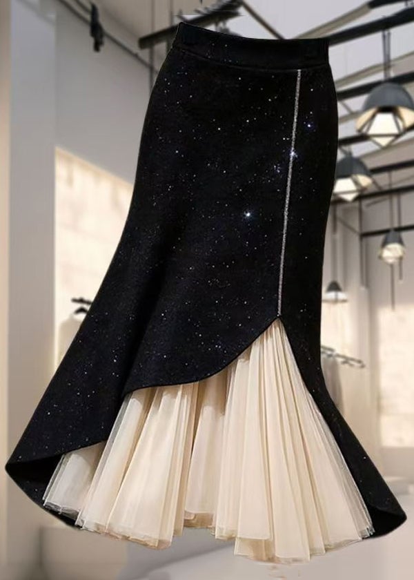 French Black High Waist Chiffon Patchwork Skirt Spring