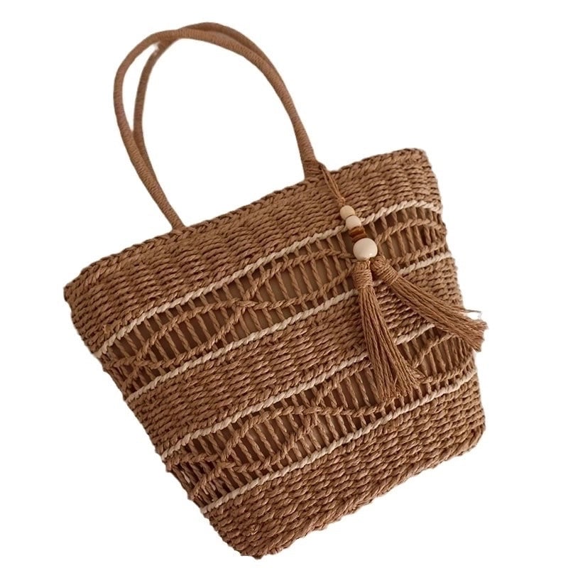 Women's Medium Straw Color Block Vintage Style Square Zipper Handbag