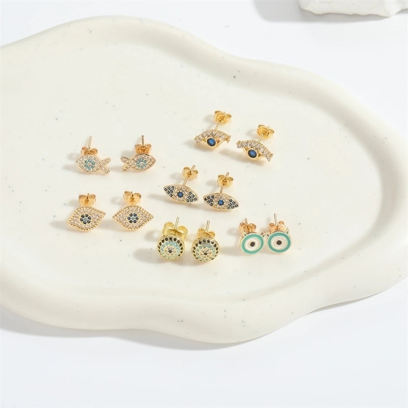 1 Pair Elegant Minimalist Commute Devil's Eye Enamel Inlay Copper Zircon 14K Gold Plated Ear Studs