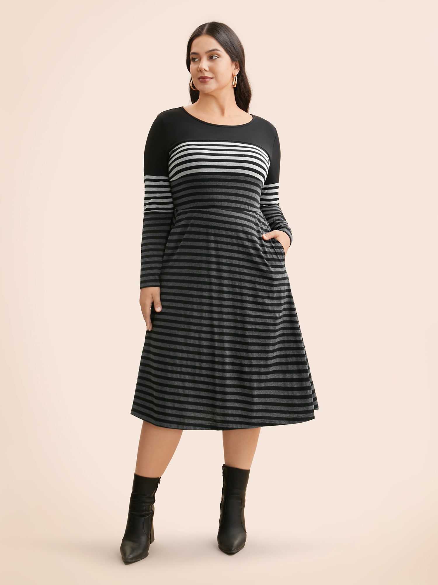 Striped Contrast Elastic Waist Midi Dress