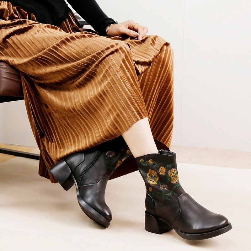 Women's Genuine Leather Short Boots With Embroidery Flowers in Black/Brown