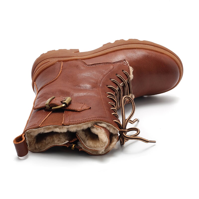 Leather Combat Boots Designer Retro Chunky Riding Boots in Coffee/Black Have Shearling Lined Choice
