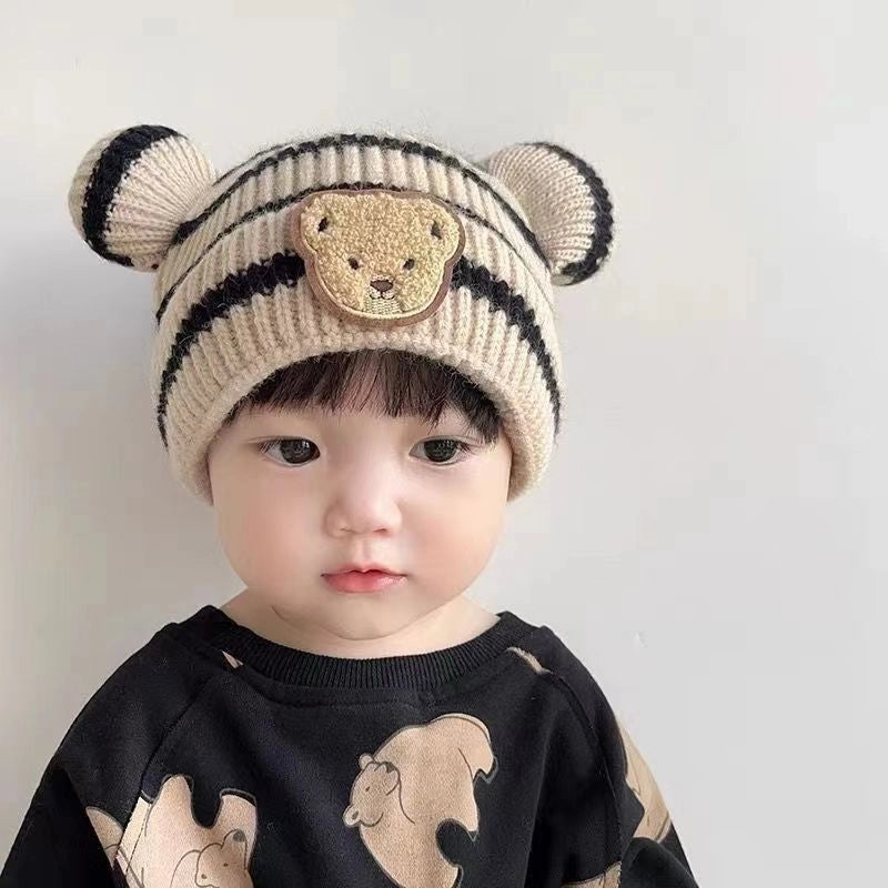 Baby Hat Autumn And Winter Korean Style Baby Hat Striped Cute Bear Hat Wool Hat Boys And Girls Hat
