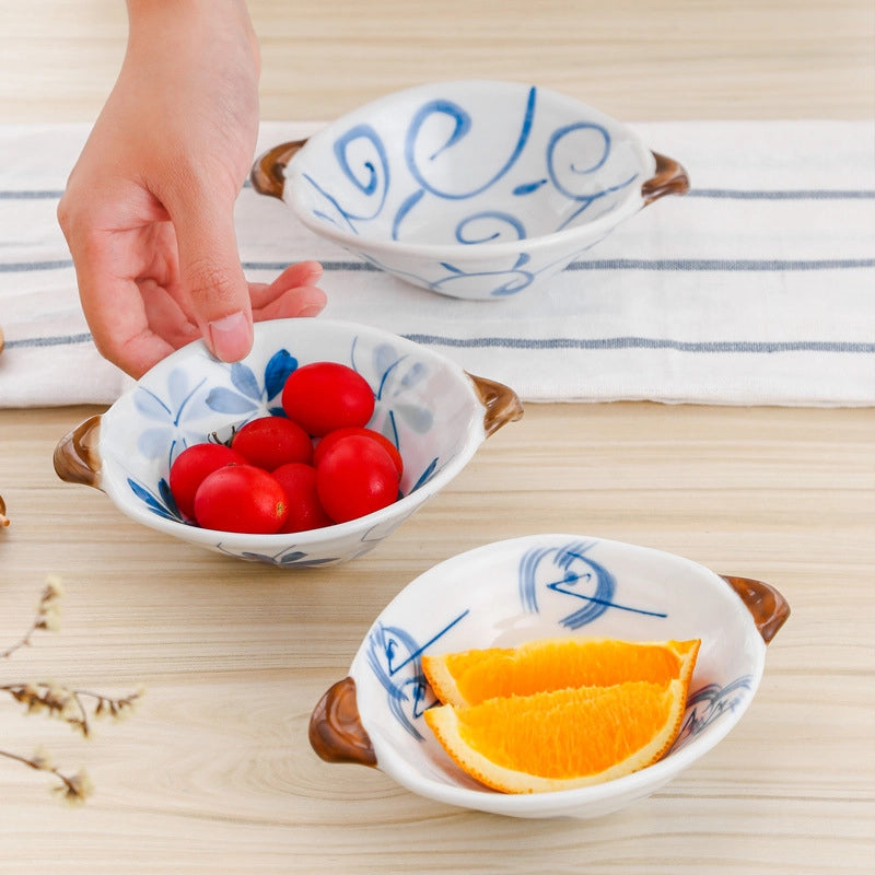 Tableware Ceramic Double Ear Bowl Dipping Snack Bowl Salad Bowl Fruit Plate Household Small Bowl With Handle Seasoning Bowl Dish Anti-scald