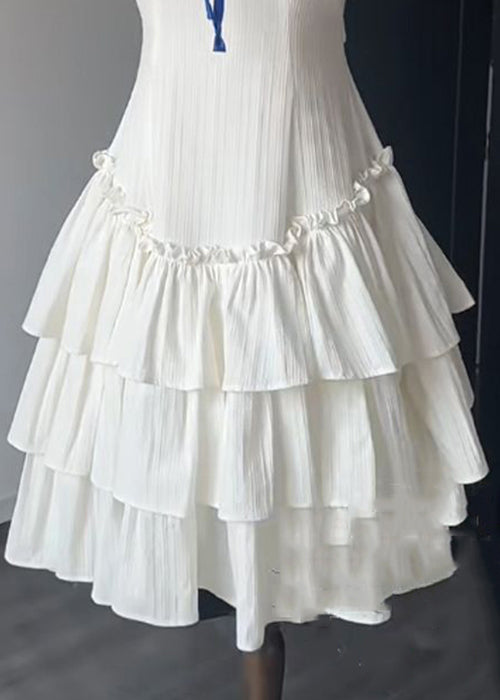 French White Ruffled Lace Up Solid Cotton Dress Sleeveless