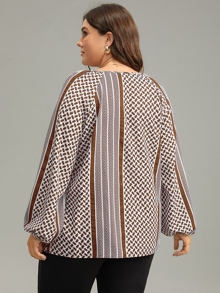 Geo Striped Tie Lantern Sleeve Blouse