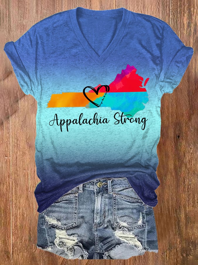 V-Neck Retro Gradient Appalachia Strong Stronger Than The Storm Print T-Shirt