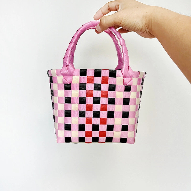 Women's PVC Color Block Plaid Vacation Weave Square Open Square Bag