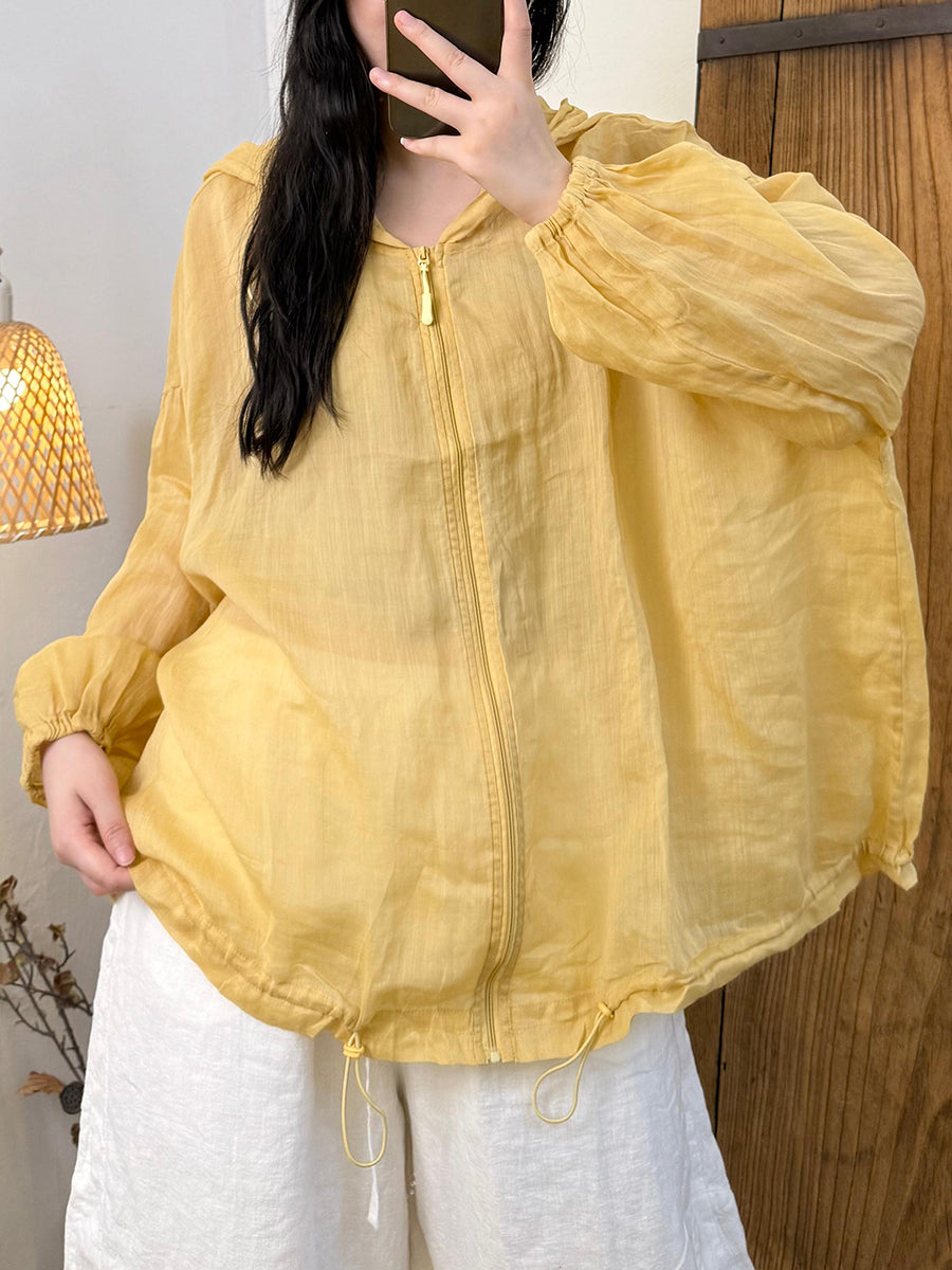 Women Summer Artsy Pure Color 100%Ramie Hooded Shirt