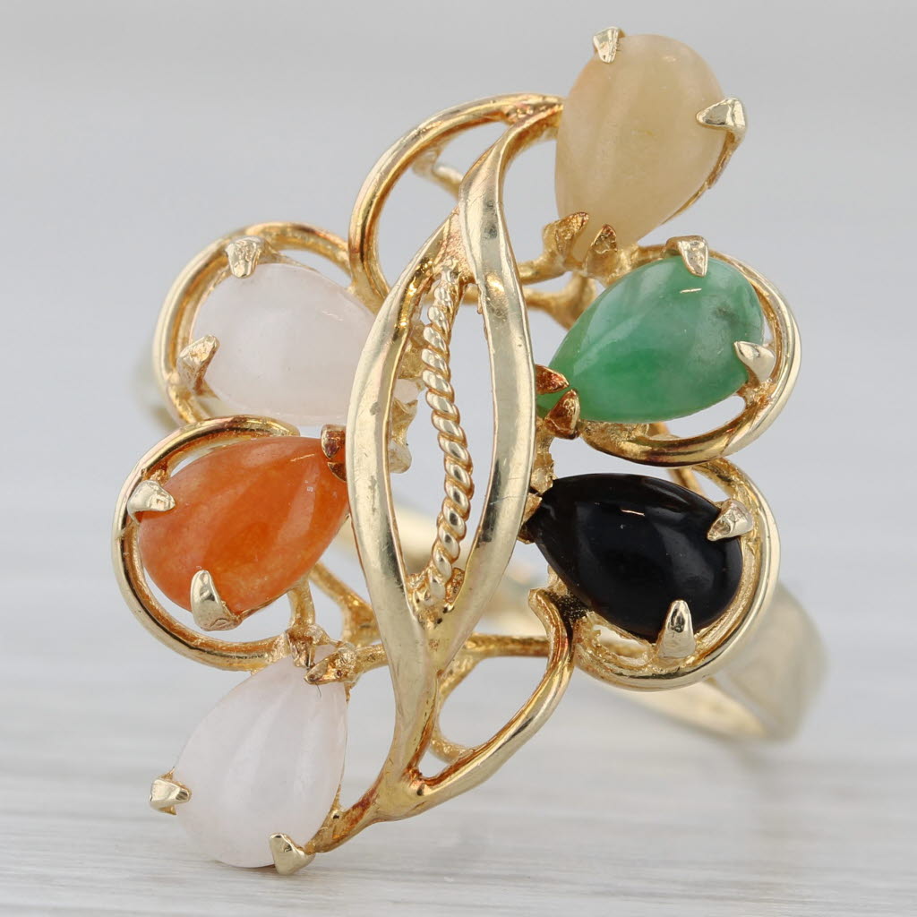 Multicolor Jadeite Jade Ring 14k Yellow Gold Pear Cabochons Size 7.75