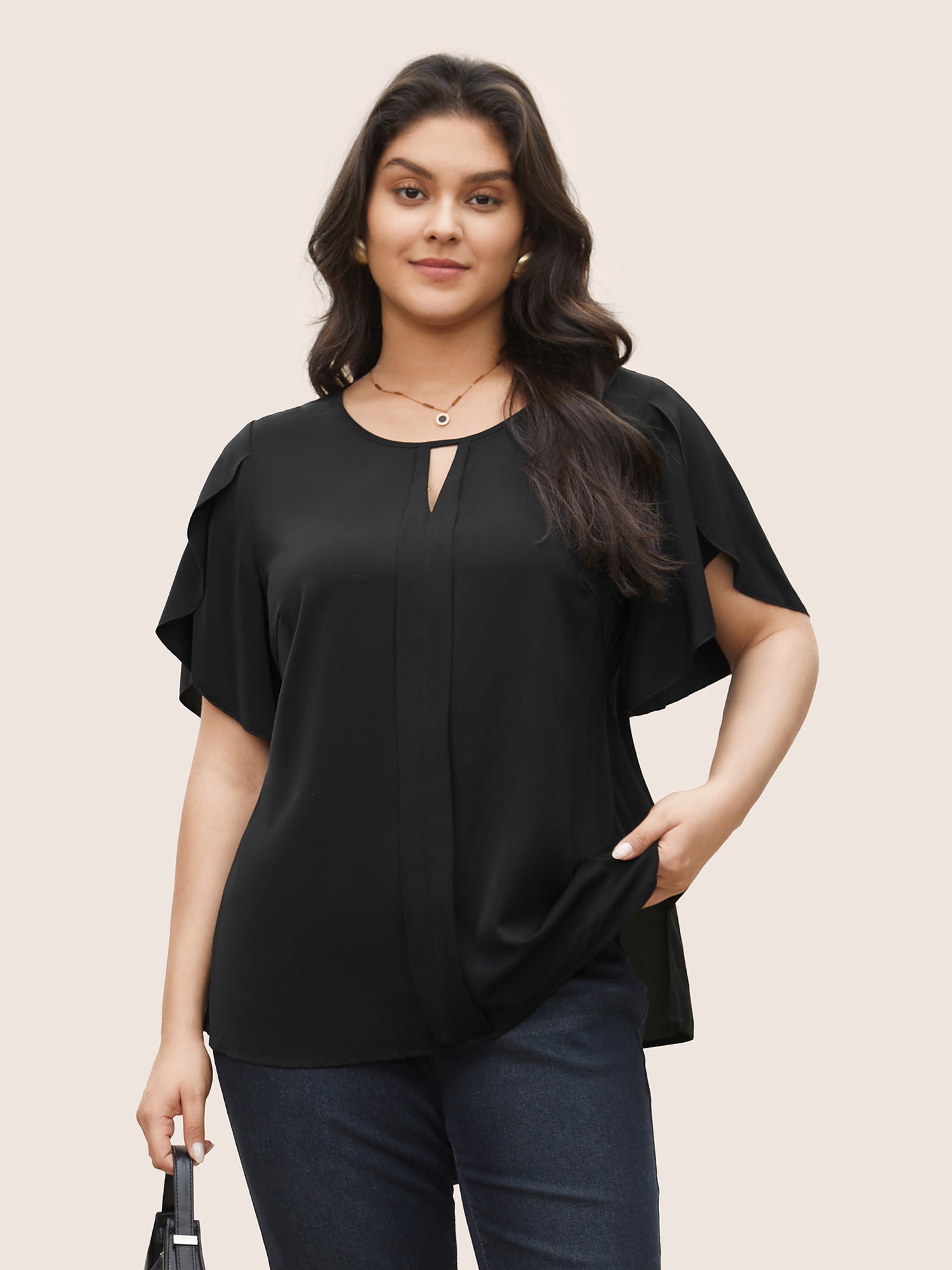 Solid Keyhole Petal Sleeve Pleated Blouse