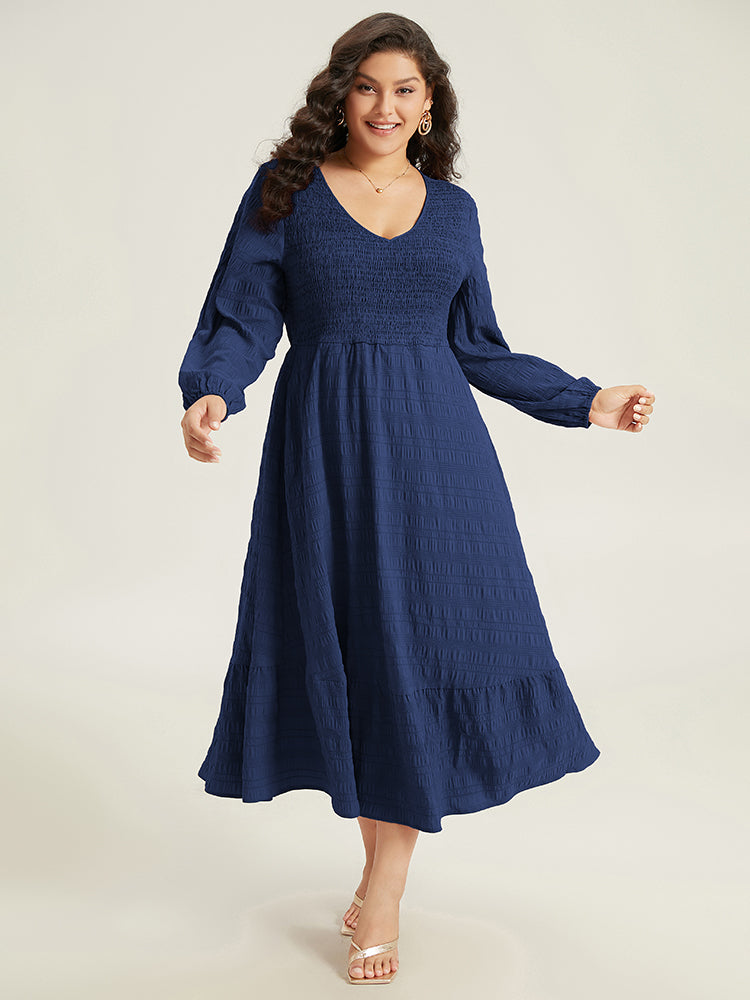 Solid Shirred Plisse Flutter Hem Dress