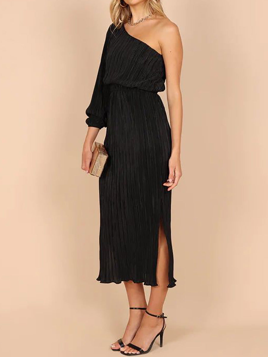 One-Shoulder Slash Neck Solid Color Party Dress(3 Colors)