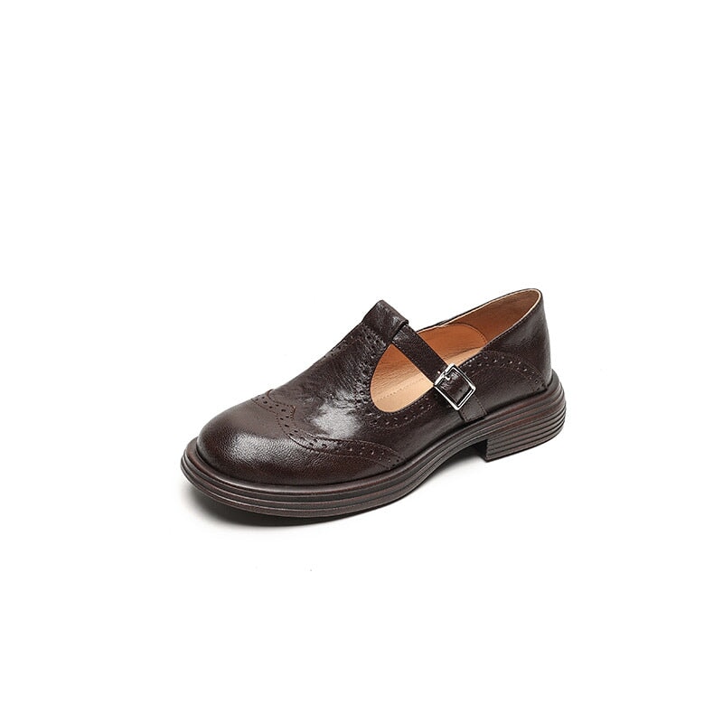 Preppy Style Brogue Carving Sheepskin T Strap Mary Jane in Coffee/Black