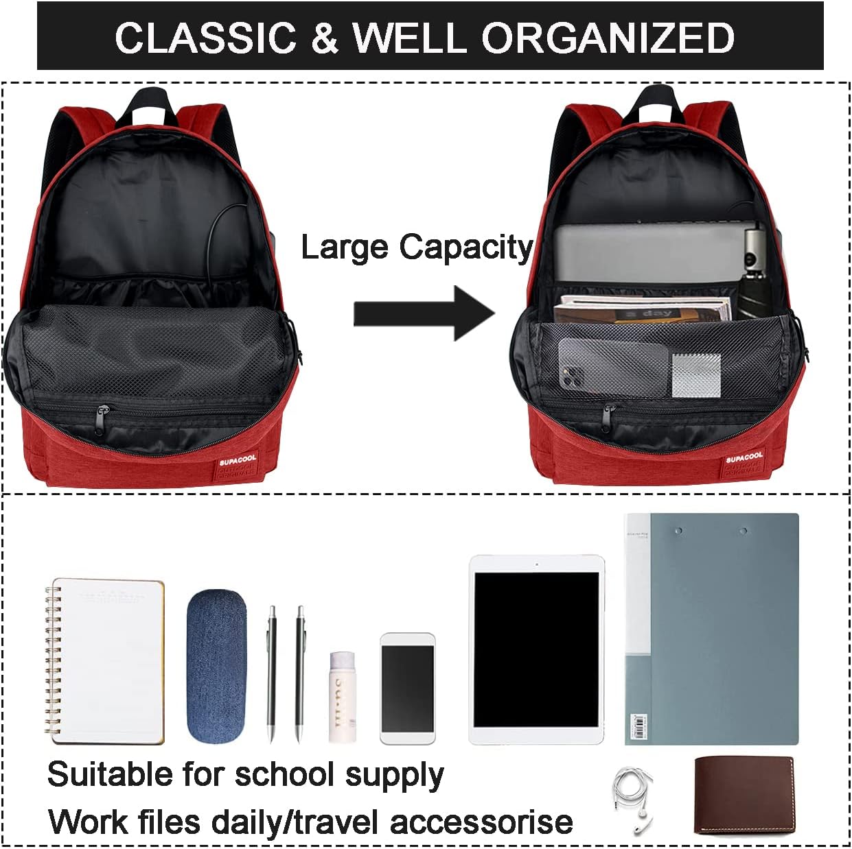 SUPACOOL Casual Laptop Backpack for Men and Women, School Backpack for Boys and Girls, College Bookbag, USB Charging Port, Lightweight Back Pack(Black)