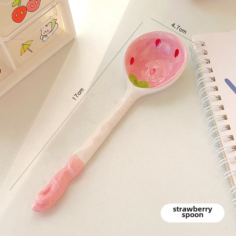 Strawberry Watermelon Cute Ceramic Bowl Long Handle Spoon Tableware Children's Cartoon Rice Bowl Soup Bowl Internet Celebrity Tableware