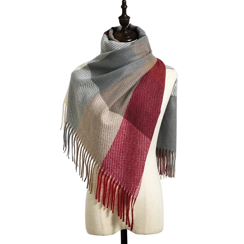 Women's Retro Color Block Imitation Cashmere Tassel Scarf
