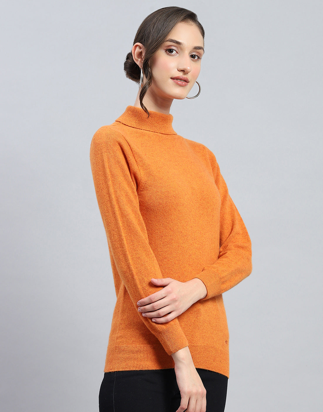 Women Orange Solid Turtle Neck Full Sleeve Winter Top