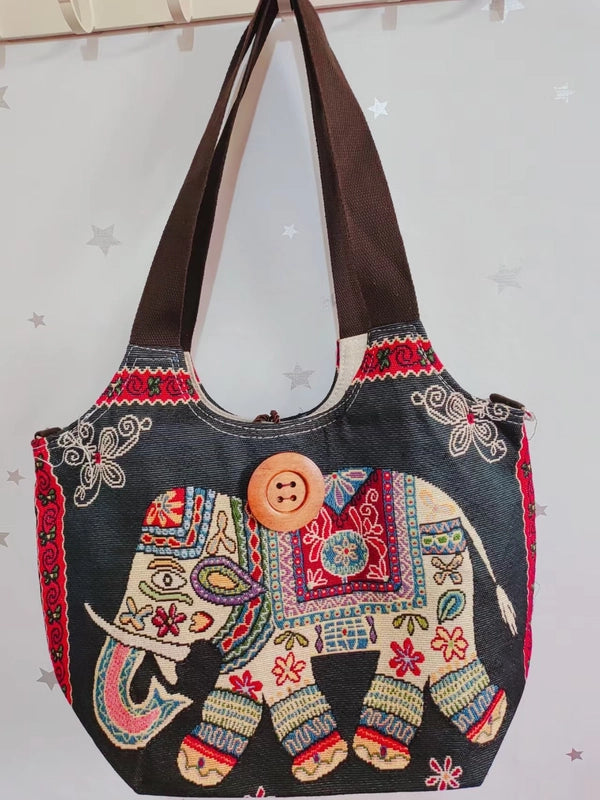 Women's Large Canvas Elephant Ethnic Style Square Zipper Shoulder Bag
